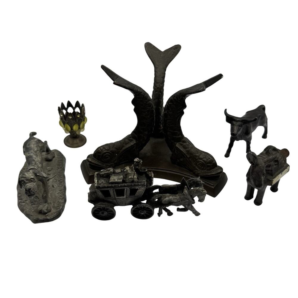 Vintage Cast Metal Figurine Lot Stagecoach Donkey Ox Fish Bookend Dog Plaque 7pc
